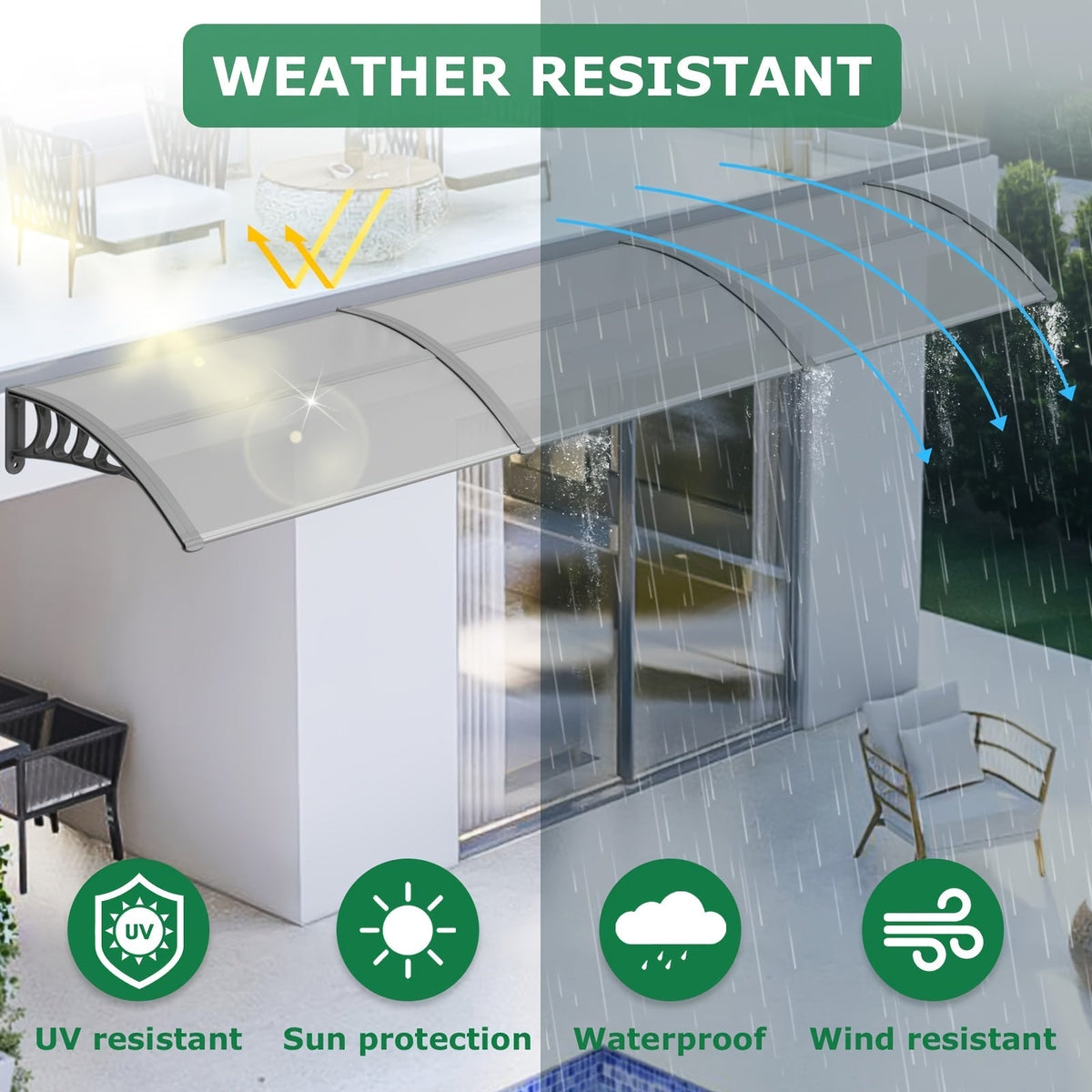 Door Awning 120"x40" Polycarbonate Canopy UPF50+ UV Rain Snow for Garden, Patio and Yard Use — image 1