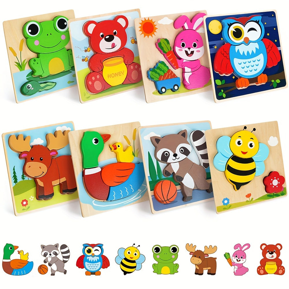 Baby Animal Wooden Puzzles for Toddlers 8 Pack, Infant Learning Toy 12 Months+, Bear Bunny Owl Frog Bee Duck Moose Raccoon — 
