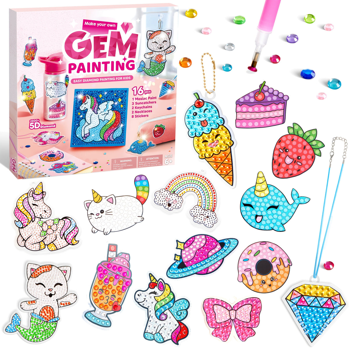 Diamond Gem Painting Kit for Girls Ages 6+ 16 Projects, 5D Gem Art Set with 2800+ Gems Unicorn Suncatchers Keychains Necklace