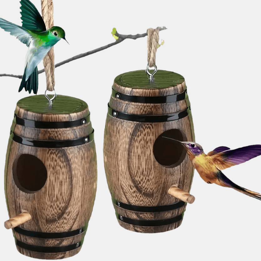 Hummingbird Nest Handcrafted Wood Vintage Barrel Hanging Outdoor Decor — image 1