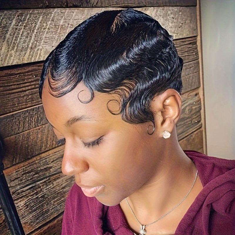 4-Inch Finger Wave Pixie Human Hair Wig with 180% Density, Rose Net Cap and 1B or 613 Color — image 13