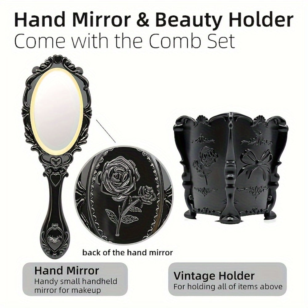 Retro Hair Comb Set with Mirror Scalp Massage Hairbrush Pocket Mirror Vintage Vanity Brush Set for Women Girls Travel Daily G