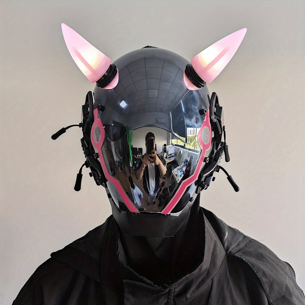 Pink LED Cyberpunk Costume Mask with Horned Full-Face Helmet, Reflective Visor and Lighted Accent Lines — image 22