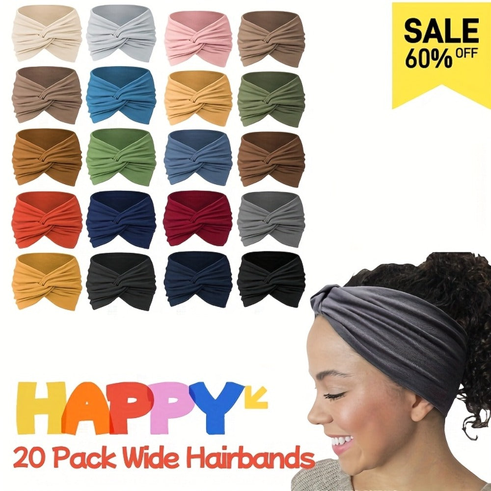 Stretchy Headbands 20 Pack for Women & Men – Soft Sweat-Wicking Non-Slip Elastic Turban Knot Hair Wraps Breathable Solid Colo
