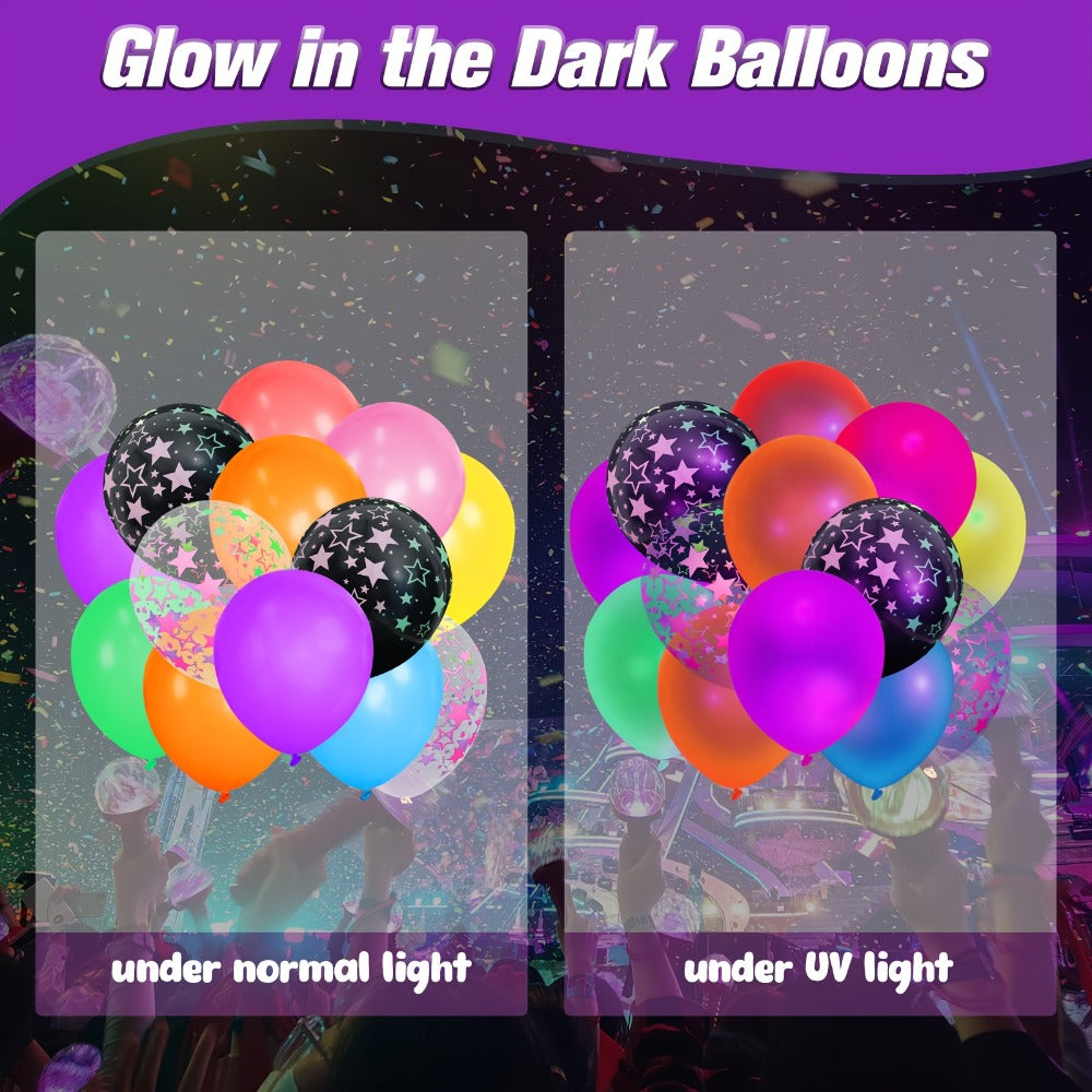 UV Neon Balloon Party Supplies Set with 42 12-Inch Star-Print Balloons for Blacklight Decor — image 4