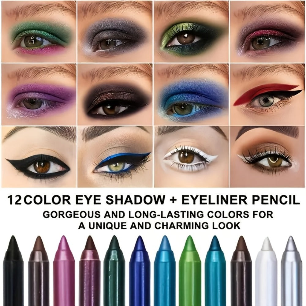 2-in-1 Eyeliner & Eyeshadow Pencil Set 12 Colors Matte Waterproof Smudge-Proof Blendable Eye, for Makeup, Travel and Everyday