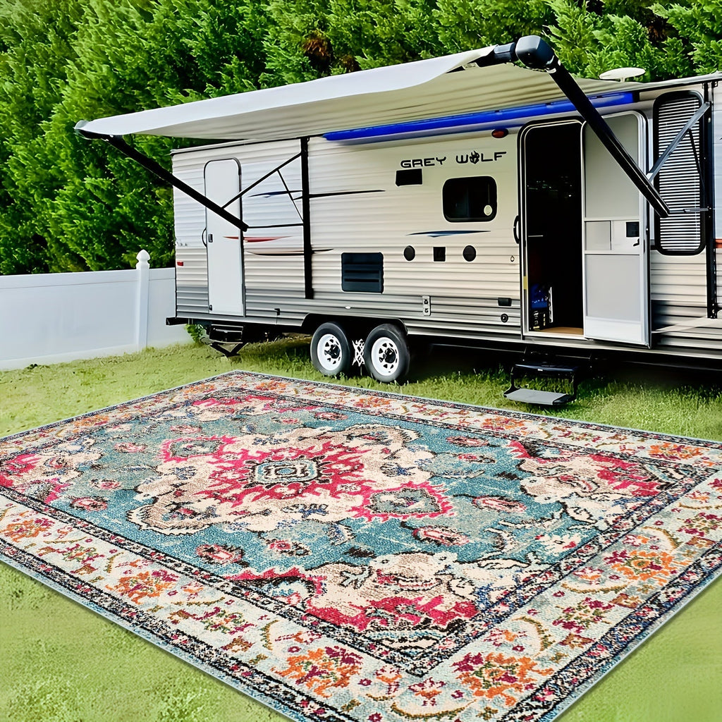 Outdoor Rug | Persian Floral Rubber Back Machine Washable Patio Garden — image 1