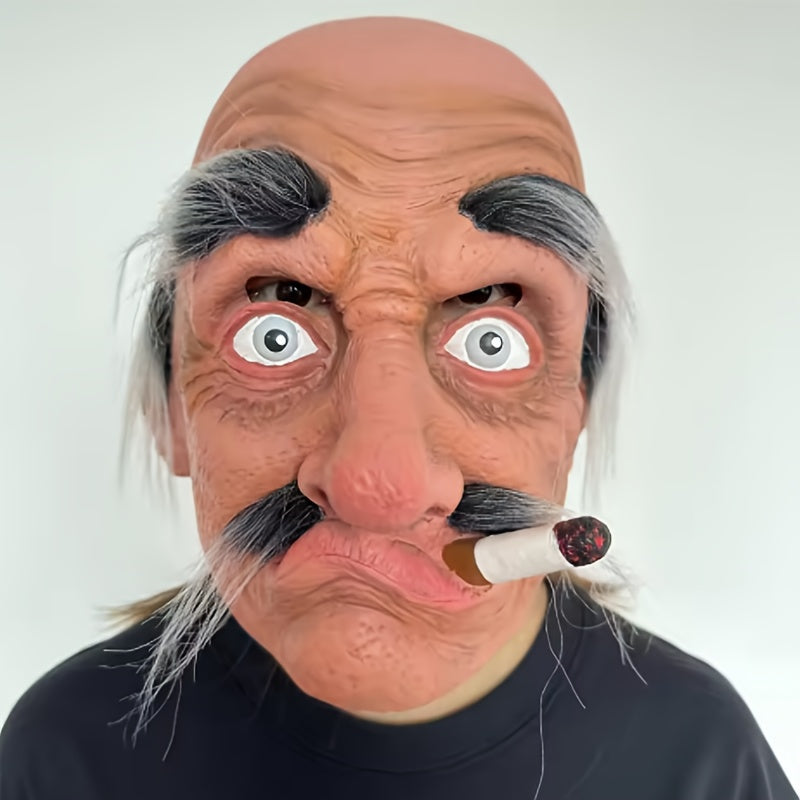 Bald Old-Man Full-Head Costume Mask with Gray Brows, Mustache, Side Hair and Faux Cigar for Adult Halloween Parties — image 6