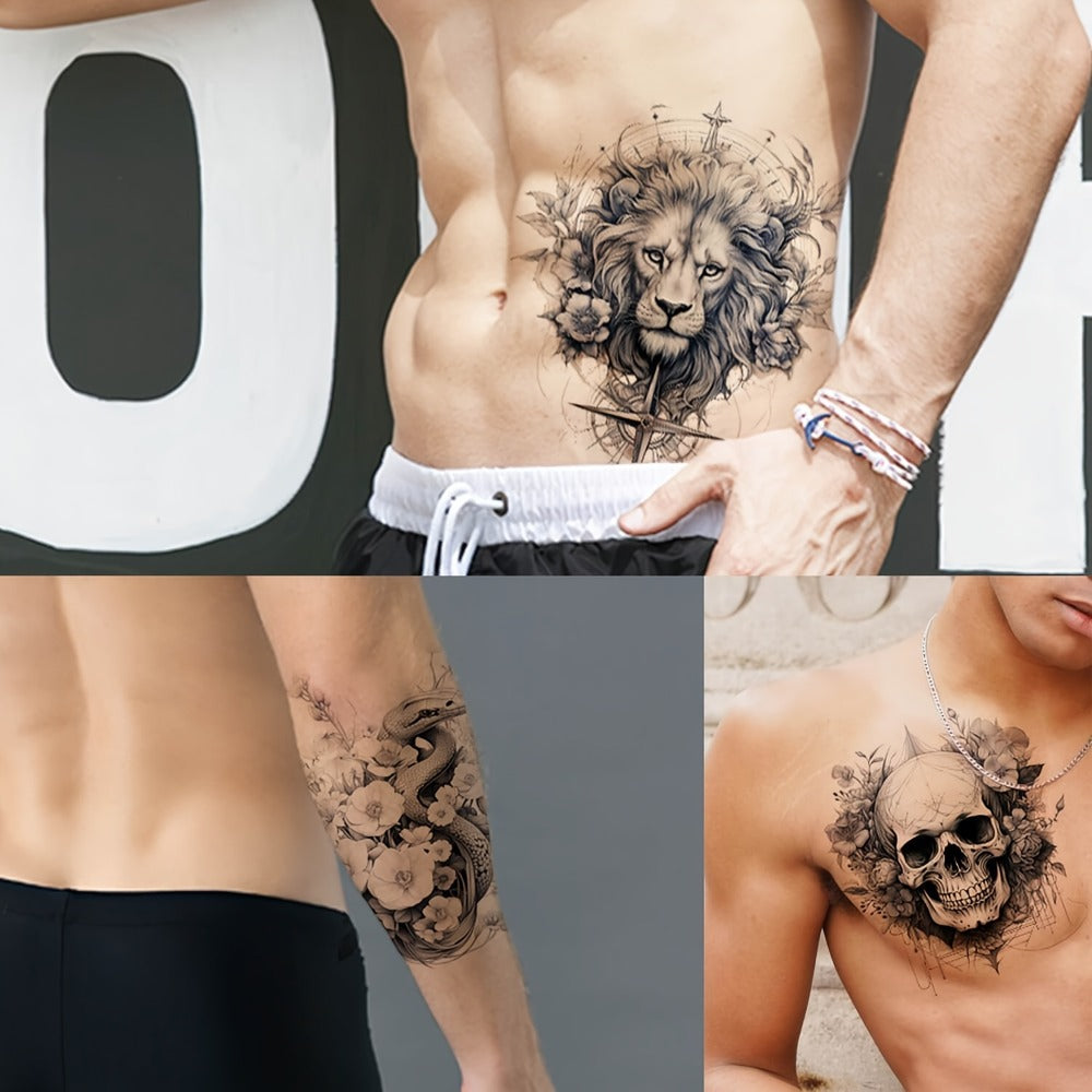 Temporary Tattoos, 44-Sheet Black Animal and Mountain Set with Wolf, Lion and Tiger Designs in Large and Small Sizes — image 