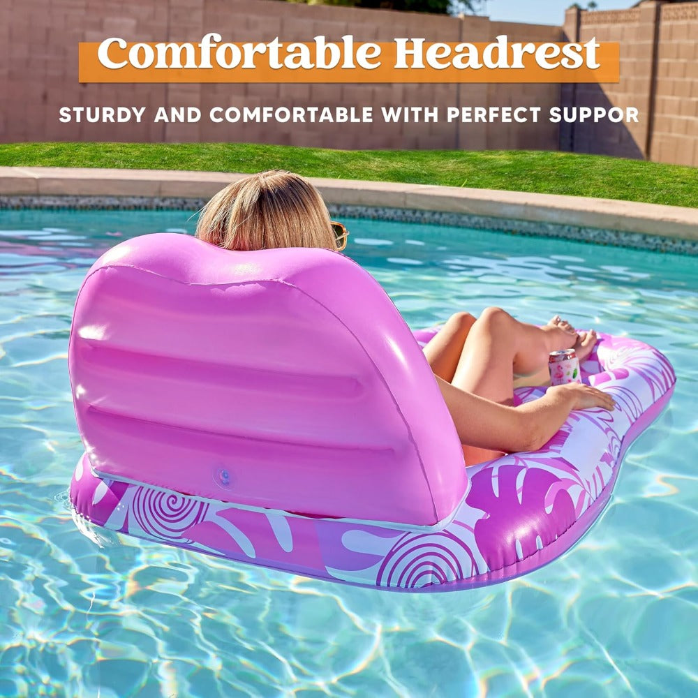 Pink Tropical Inflatable Pool Recliner Float, 60 x 36 x 24 Inches with Mesh Seat and Cup Holder — image 10