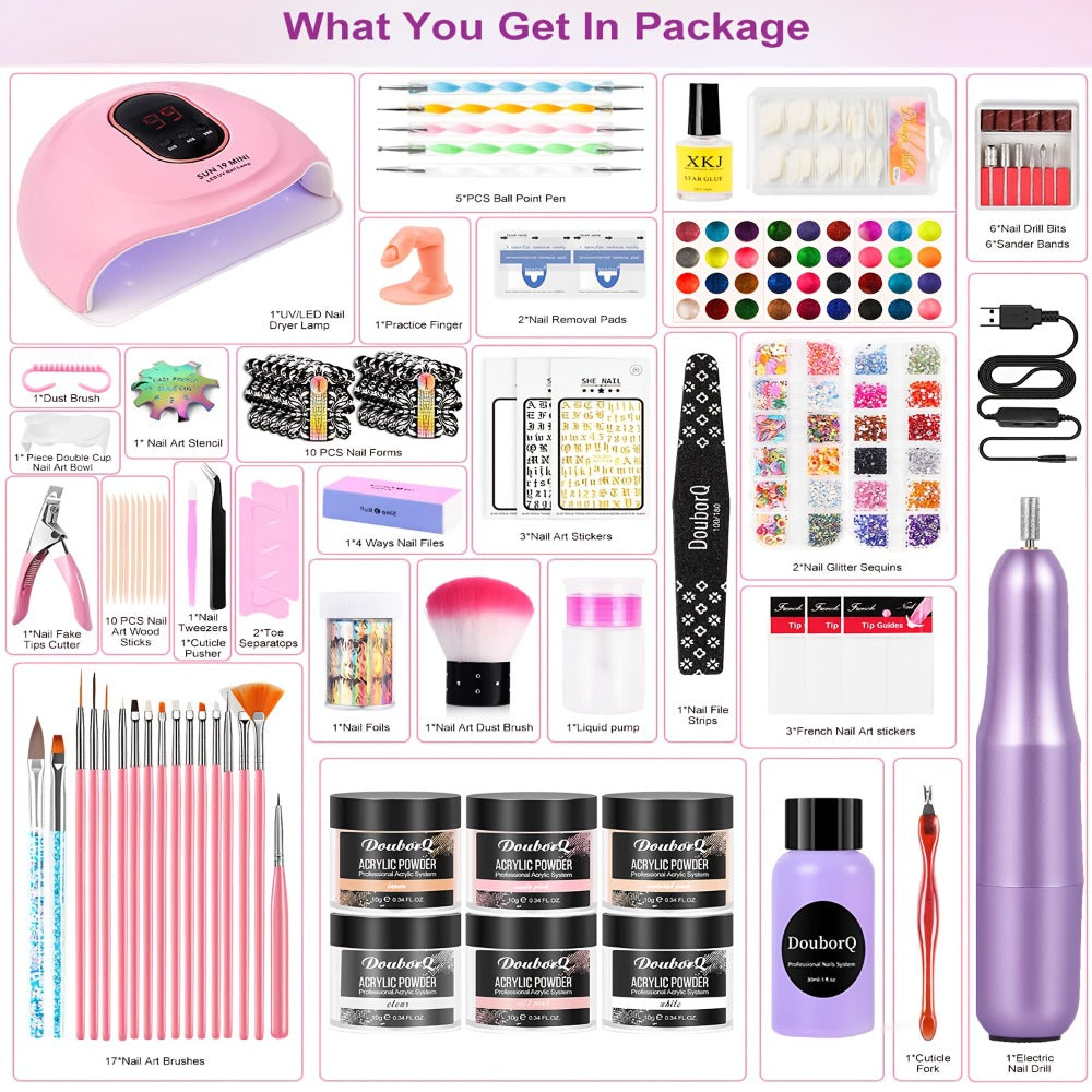 Acrylic Nail Kit with Electric Drill & UV LED Nail Lamp – Complete Professional Starter Set for Beginners with Acrylic Powder