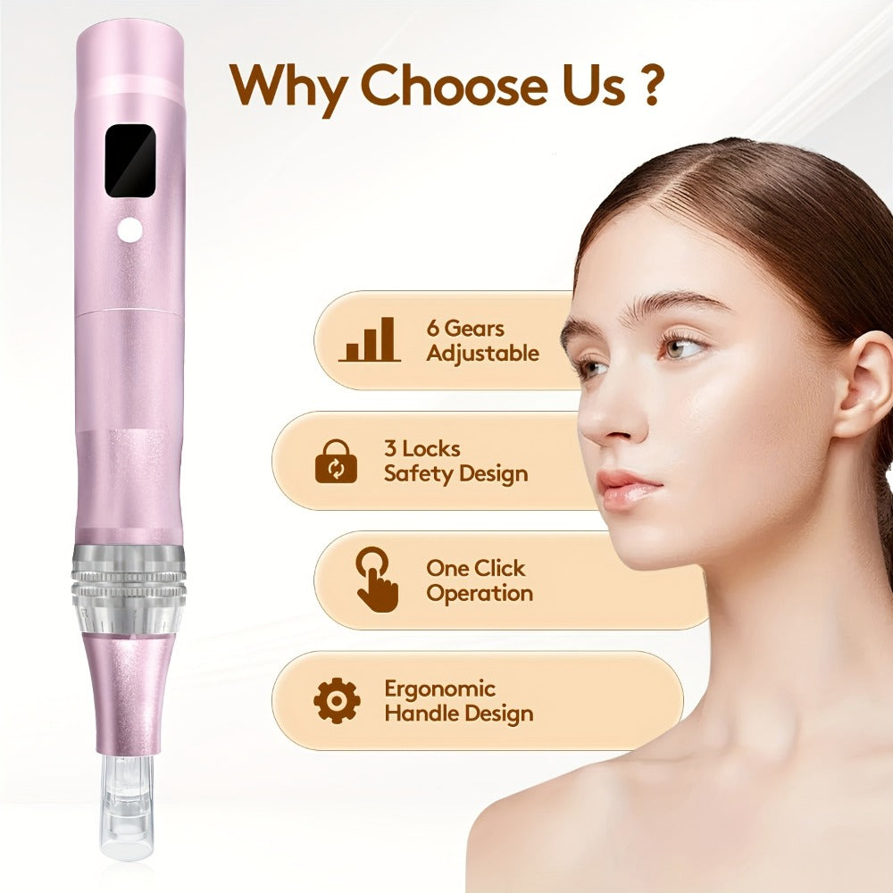 Microneedling Pen Electric 6-Speed Wireless Derma Pen 0.25mm Aluminum Alloy Cordless Skin for Bath Time, Home Spa and Persona