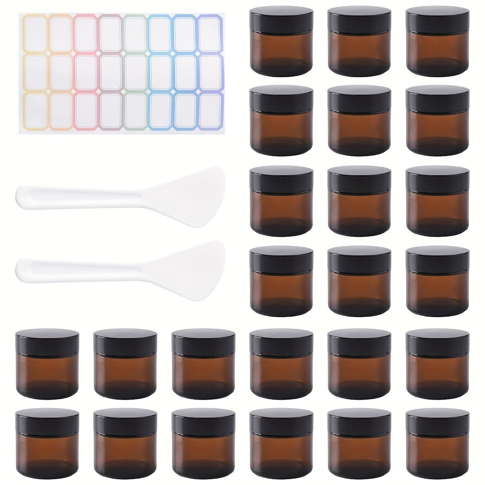 Brown Frosted Glass Jars with Lids 24 Pack – 2 oz Amber Glass Cosmetic Containers with Spoons & Labels, Non-Slip Base — image