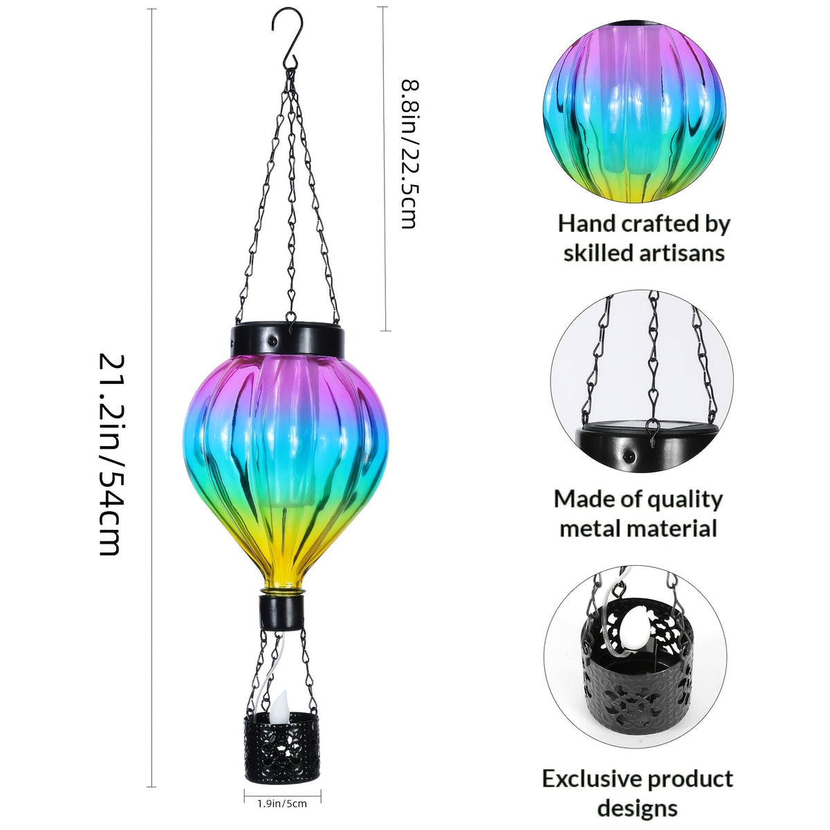 Solar Outdoor Lights Hot Air Balloon Hanging Lantern with Flame-Effect LED and Metal Frame for Garden Decor — image 3