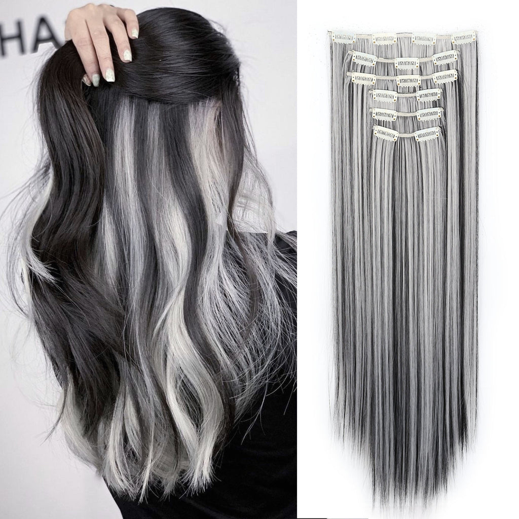Space Gray Clip In Hair Extensions 6 Piece Set 24 Inch Heat Resistant Synthetic Fiber – Instant Length & Volume for Women | D