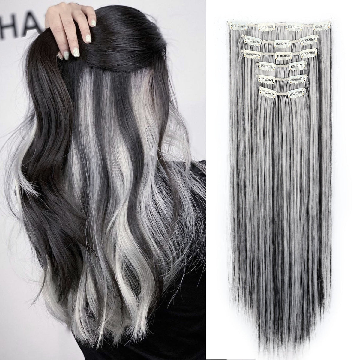 Space Gray Clip In Hair Extensions 6 Piece Set 24 Inch Heat Resistant Synthetic Fiber – Instant Length & Volume for Women | D