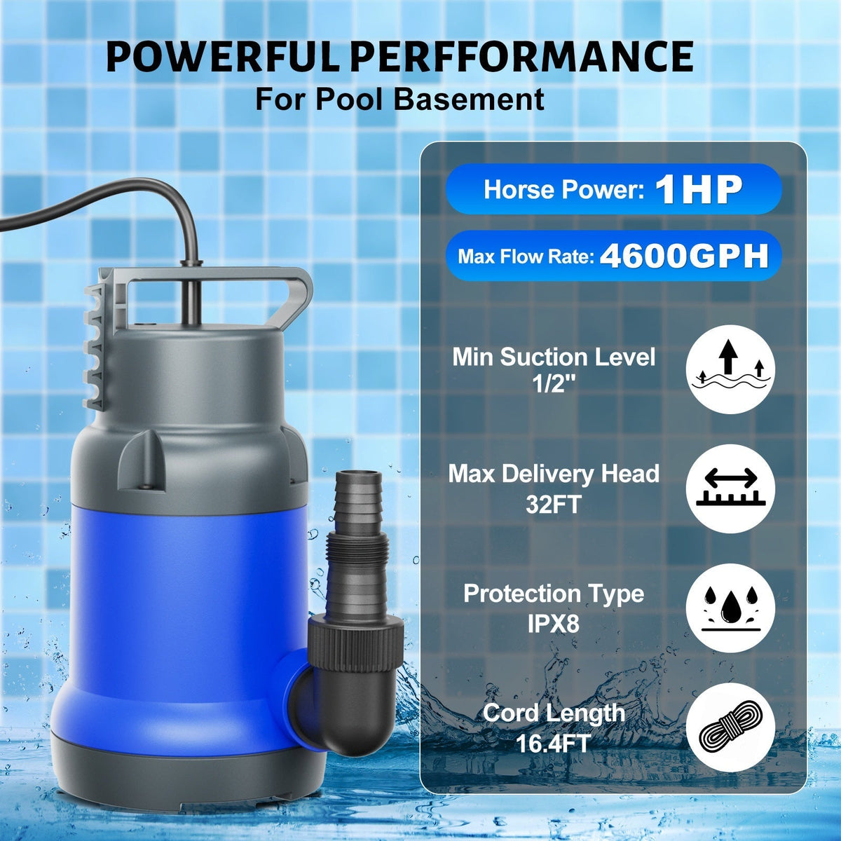 Submersible Sump Pump 1HP 4600GPH Portable Utility Water Pump for Pool Basement Flood Hot Tub — image 3