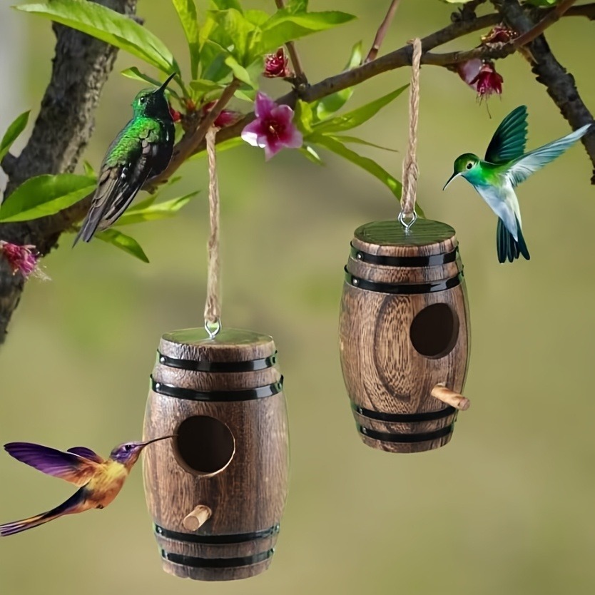 Hummingbird Nest Handcrafted Wood Vintage Barrel Hanging Outdoor Decor — image 5