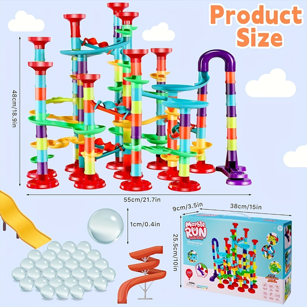Marble Run Set Building Blocks for Kids 112/147pcs with Glass Marbles with the Listed Color, Size or Set Options for Everyday