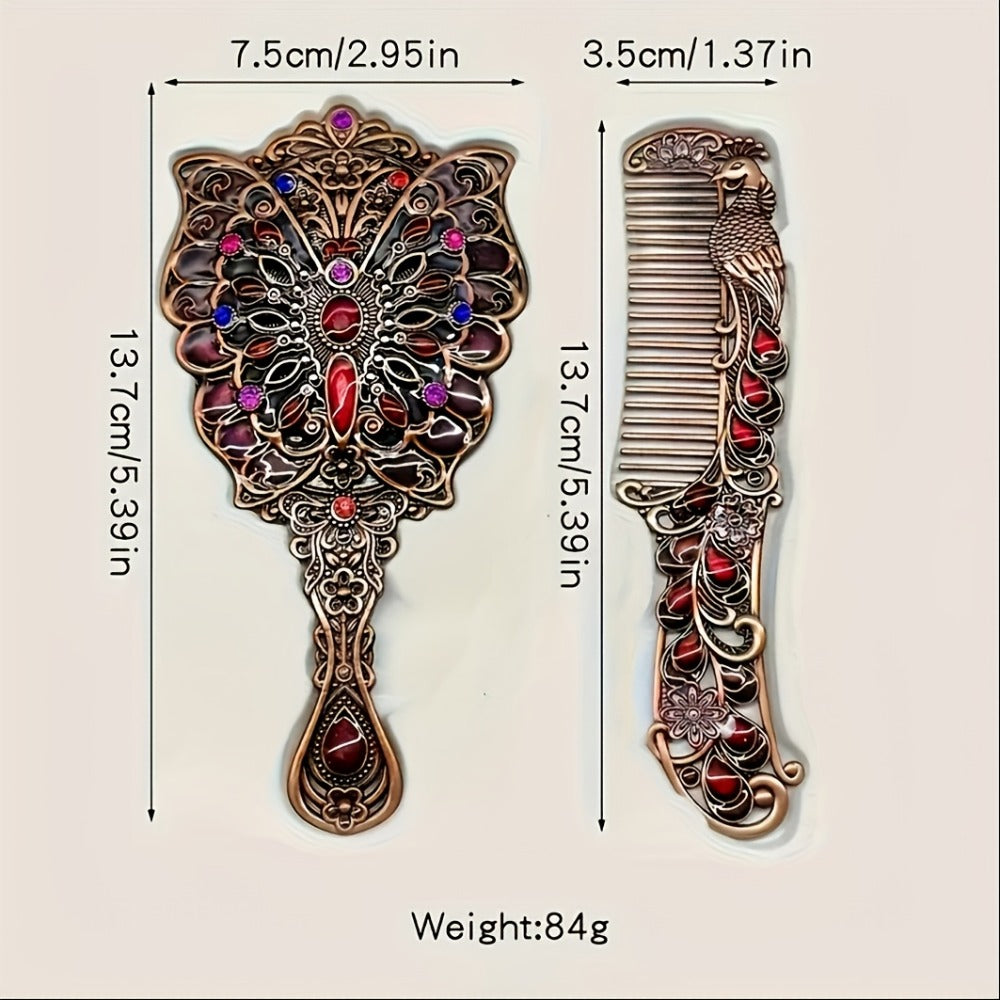 Vintage Peacock Hair Comb and Mirror Set 2 Pcs – Fine-Tooth Stainless Steel Decorative Butterfly Flower Portable Handheld Mir