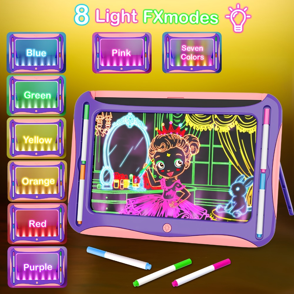 LED Light Up Drawing Board for Kids, 9 Double-Sided Tracing Cards 6 Markers Glow Doodle Travel Art Toy for Girls Boys Ages 3-