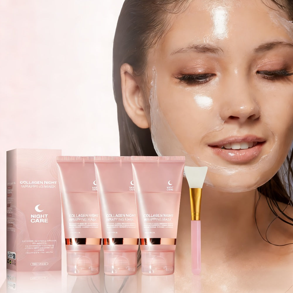 Collagen Night Wrap Mask with Jelly Brush 3pcs Hyaluronic Acid Deeply Moisturizing Nourishing Overnight Glossy Sleeping Mask 