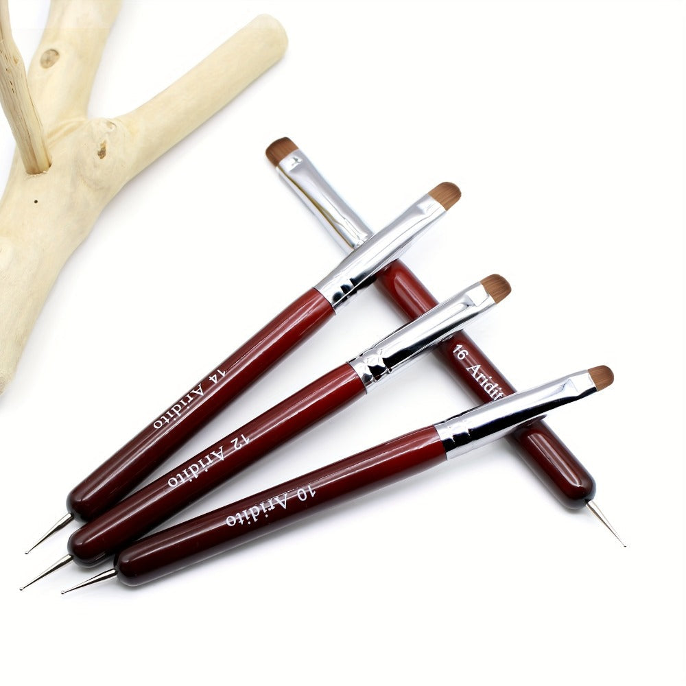 Acrylic Nail Art Brushes Set 4pcs with Dotting Pens – Red Wood Handle Precision Tips #10 #12 #14 #16 for French Manicure Nail