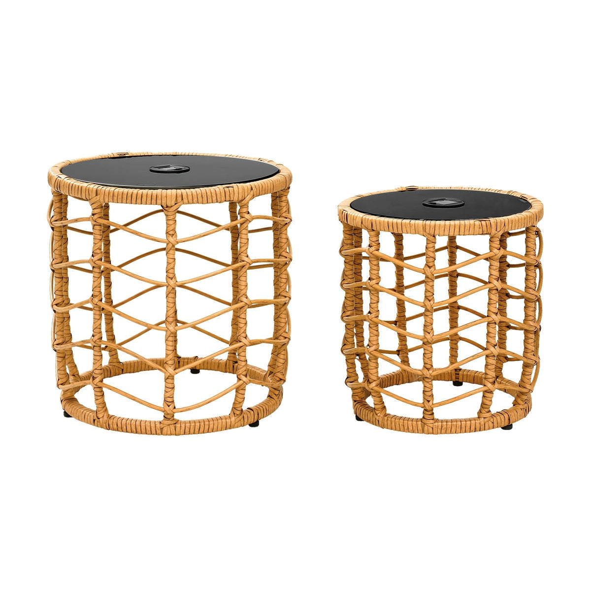 Outdoor Side Tables for Patio, Set of 2 Nesting PE Wicker Frames with Tempered Glass Tops for Patio or Balcony Layouts — imag