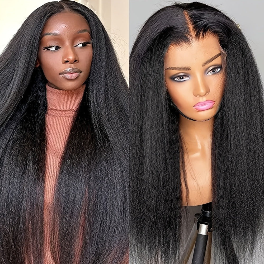 Synthetic Wig 26-Inch Black Kinky-Straight Yaki with HD Lace Front, Glueless Cap and with Item-Specific Color, Length, Textur
