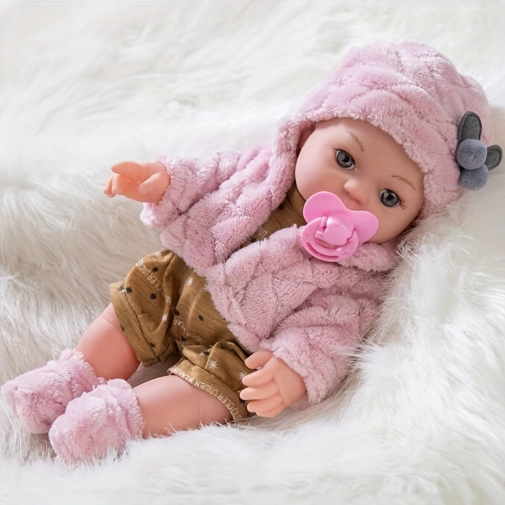 Mini Reborn Baby Doll 12 Inch Pink Plush Outfit Set – 30cm Realistic Newborn Girl Doll with Hat, Socks & Pacifier — image 4