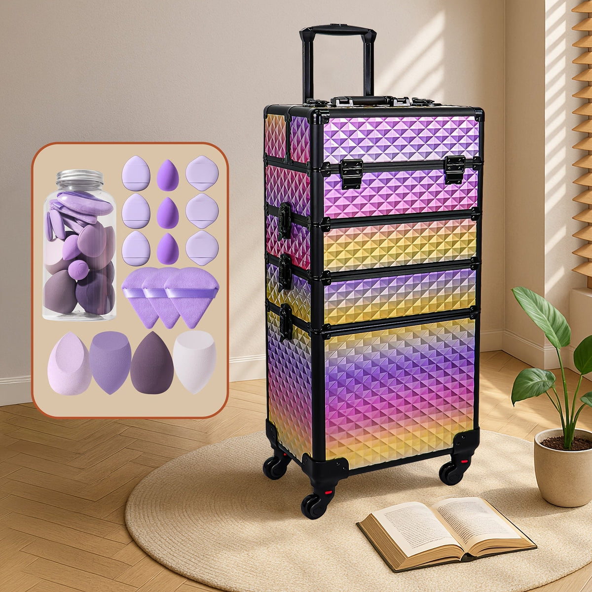 Makeup Train Case in a Large Rolling 4-in-1 Trolley Design with 360 Degree Swivel Wheels for Professional Salon Use — image 1
