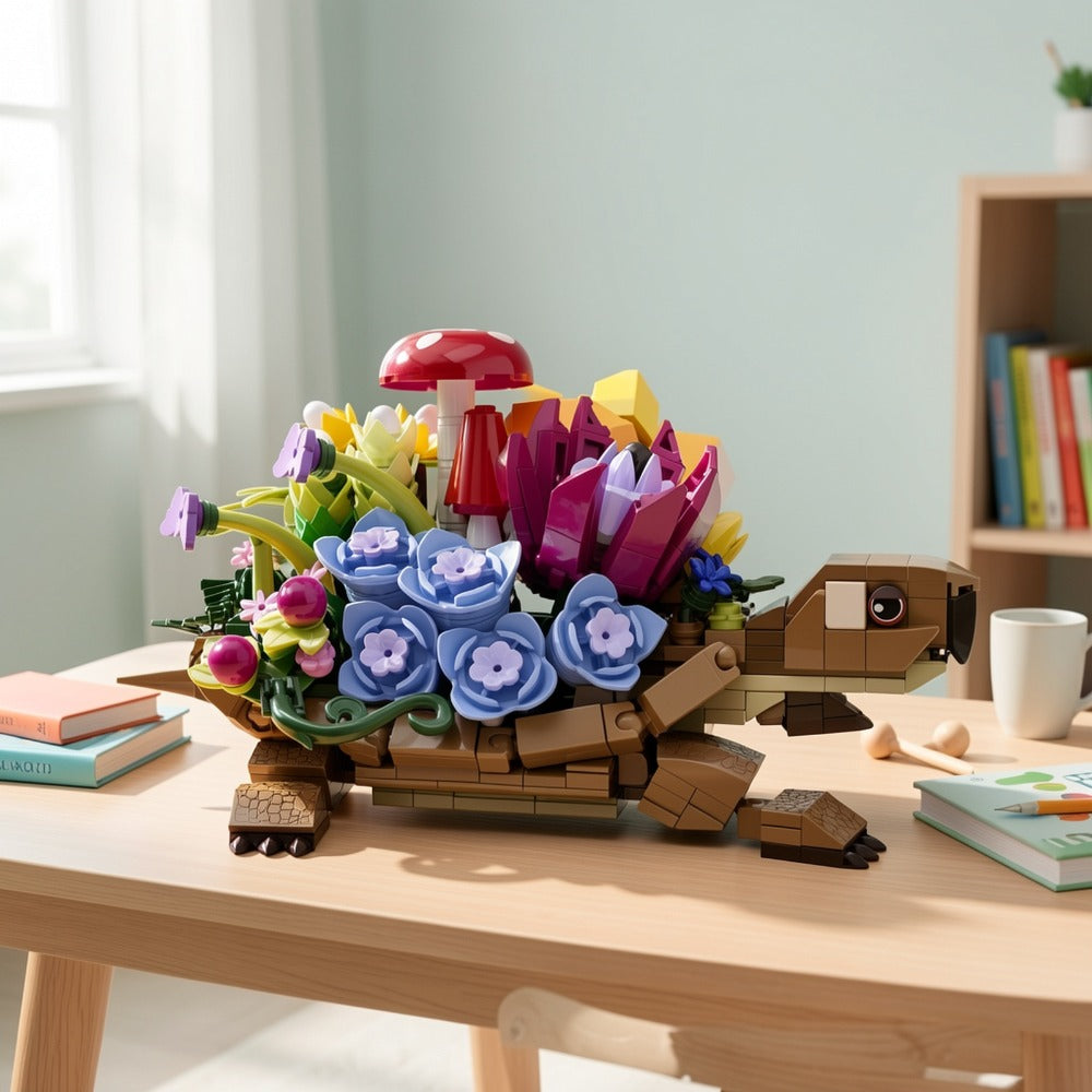 Turtle Flower Planter Building Block Set 510 Pieces – Cute Turtle Brick Puzzle Decor Toy, Unique Handmade Display Gift for Ki