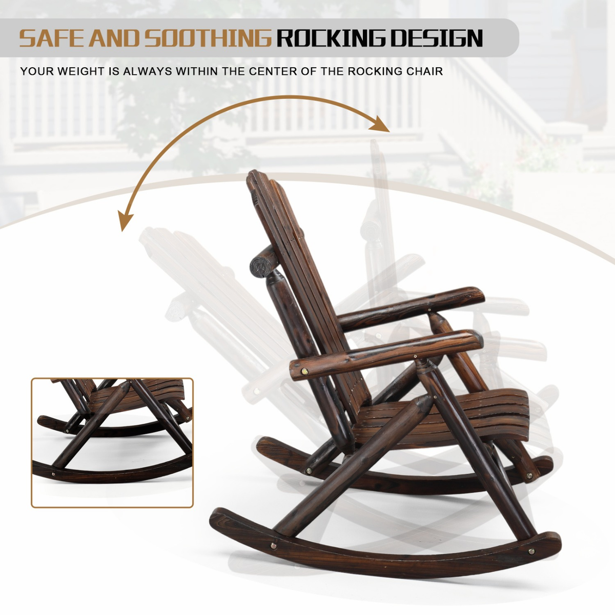 Patio Cedar Rocking Chair 26" Fan-Shaped Backrest Outdoor Rocker for Garden Poolside Patio — image 9