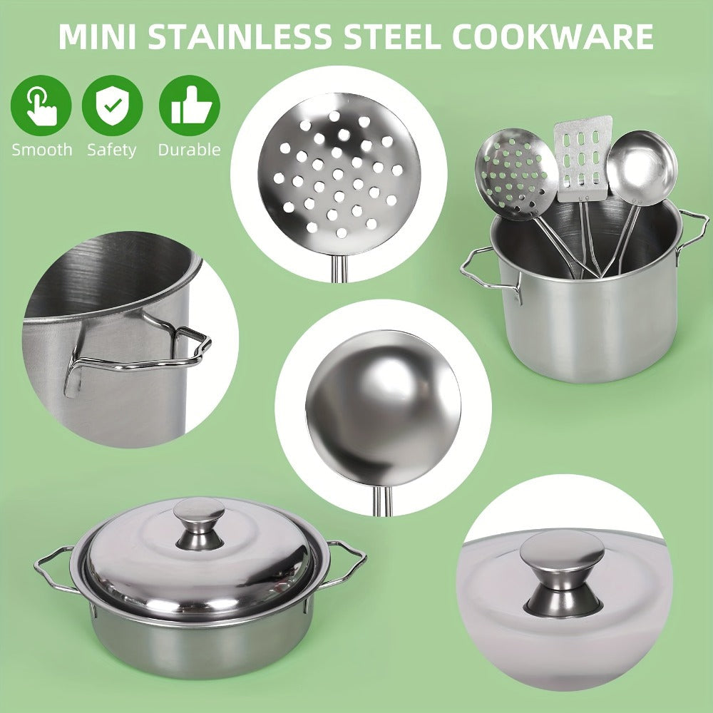 Kids Kitchen Playset 37pcs, Stainless Steel Play Pots & Pans Set with Apron, Chef Hat, Cooking Utensils & Play Food — image 5