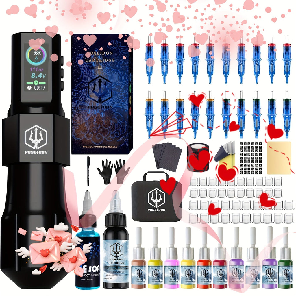 Professional Tattoo Machine Kit Wireless with LED Display - LTK08 Rotary Pen 20 Needles for Temporary Body Art, Festivals and