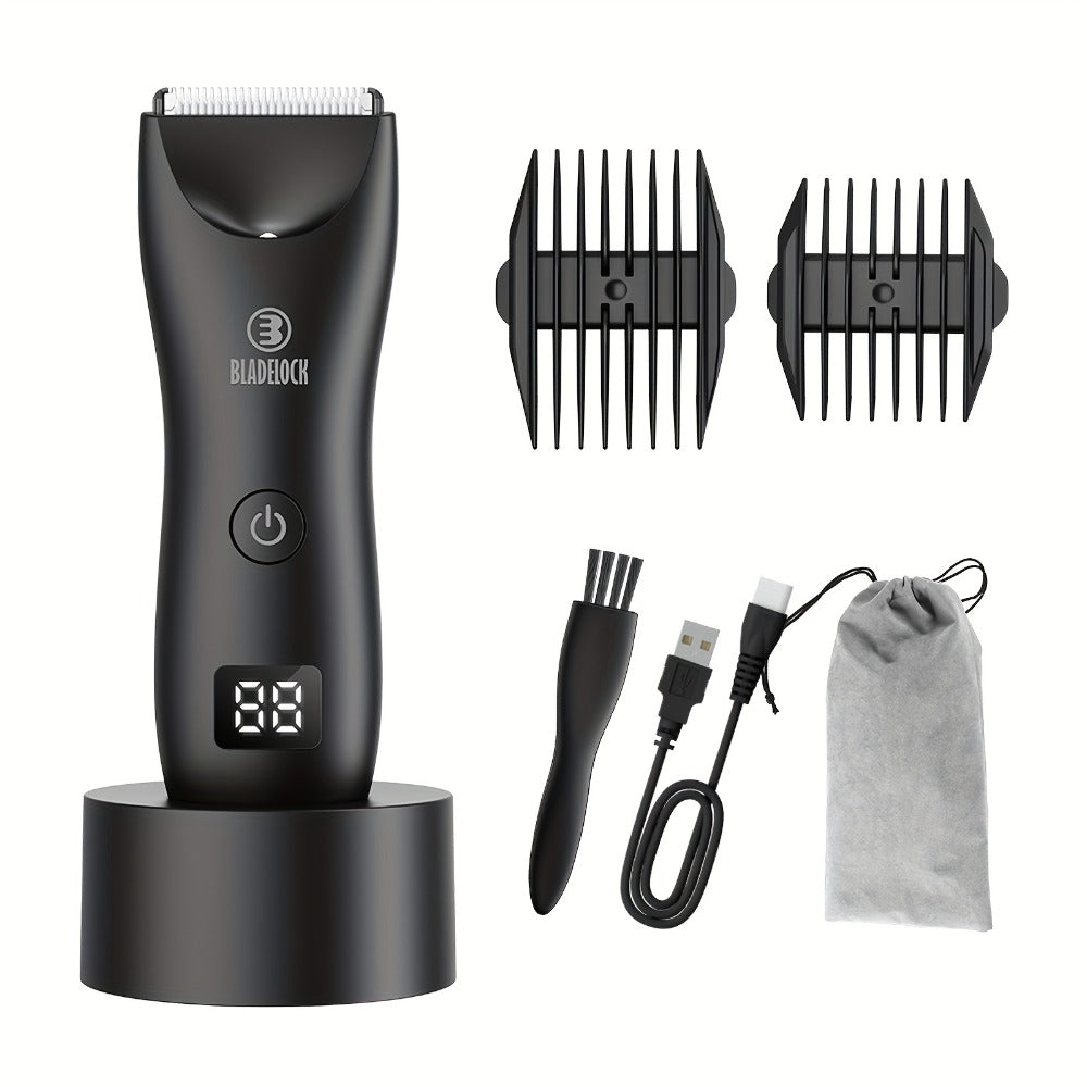Manscaping Trimmer for Men IPX7 Waterproof Electric Groin and Ball Trimmer Ceramic Blades LCD Battery Display Replaceable Hea