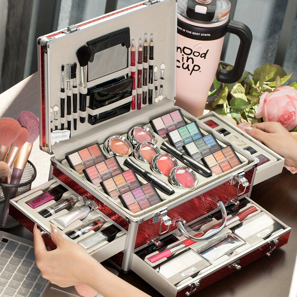 Makeup Kit in Handled Aluminum-Style Travel Case with Mirror, Tiered Trays and Silvery or Red Finish — image 2
