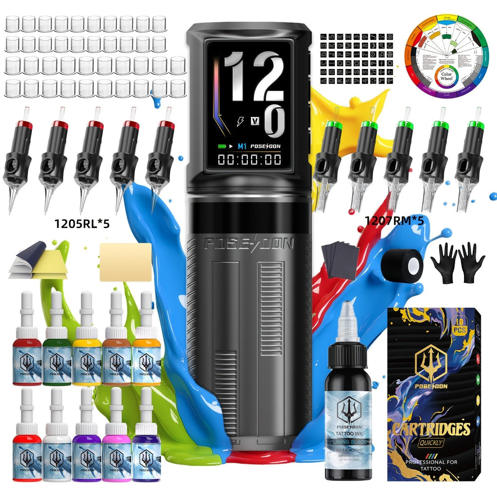 Tattoo Machine Kit POSEIDON BT29 Wireless Rotary Pen with LED Color Screen, 2300mAh Battery, 10 Cartridges and 11 Inks — imag