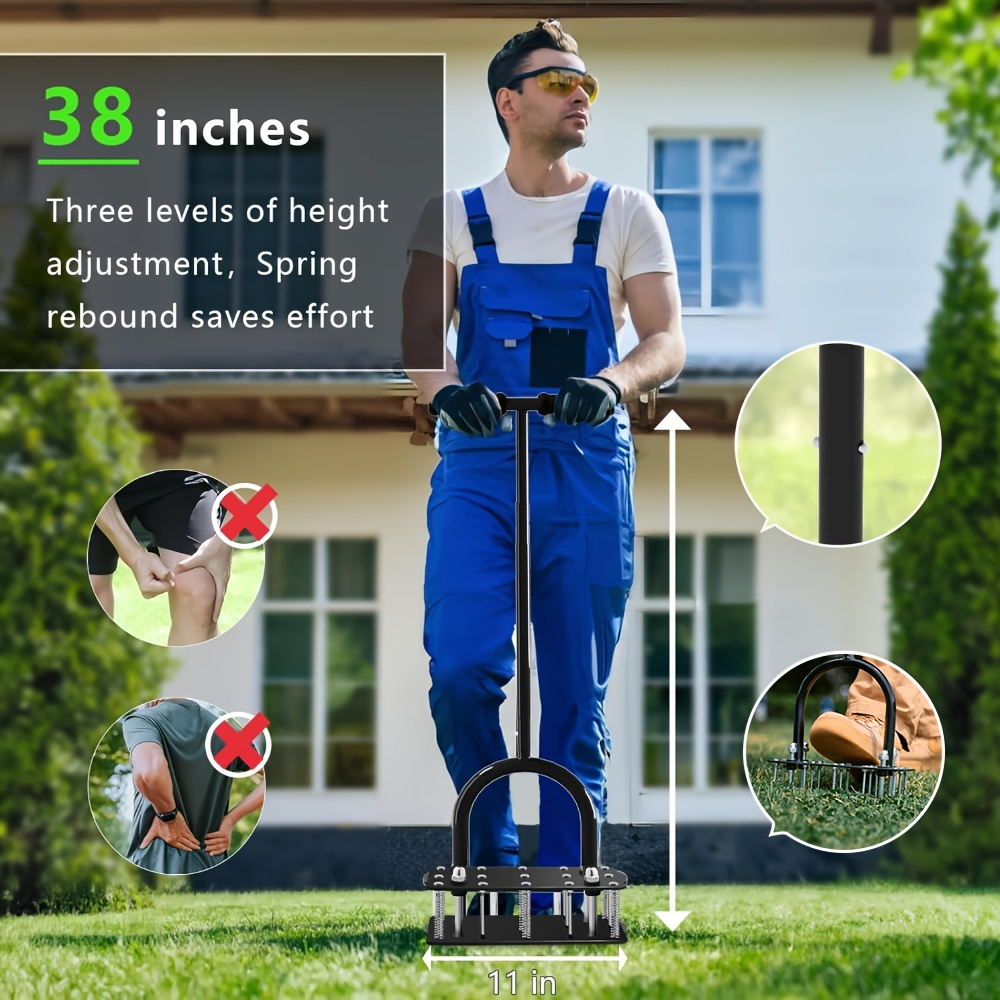 Self-Cleaning Lawn Aerator with 14 Iron Spikes – Spring-Loaded Auto-Clean Mechanism for Leaves & Dirt, Manual Soil Loosening 