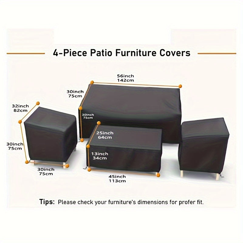 Four-Piece Black Patio Furniture Cover Set for Loveseat, Two Chairs and Coffee Table with Listed Dimensions — image 2