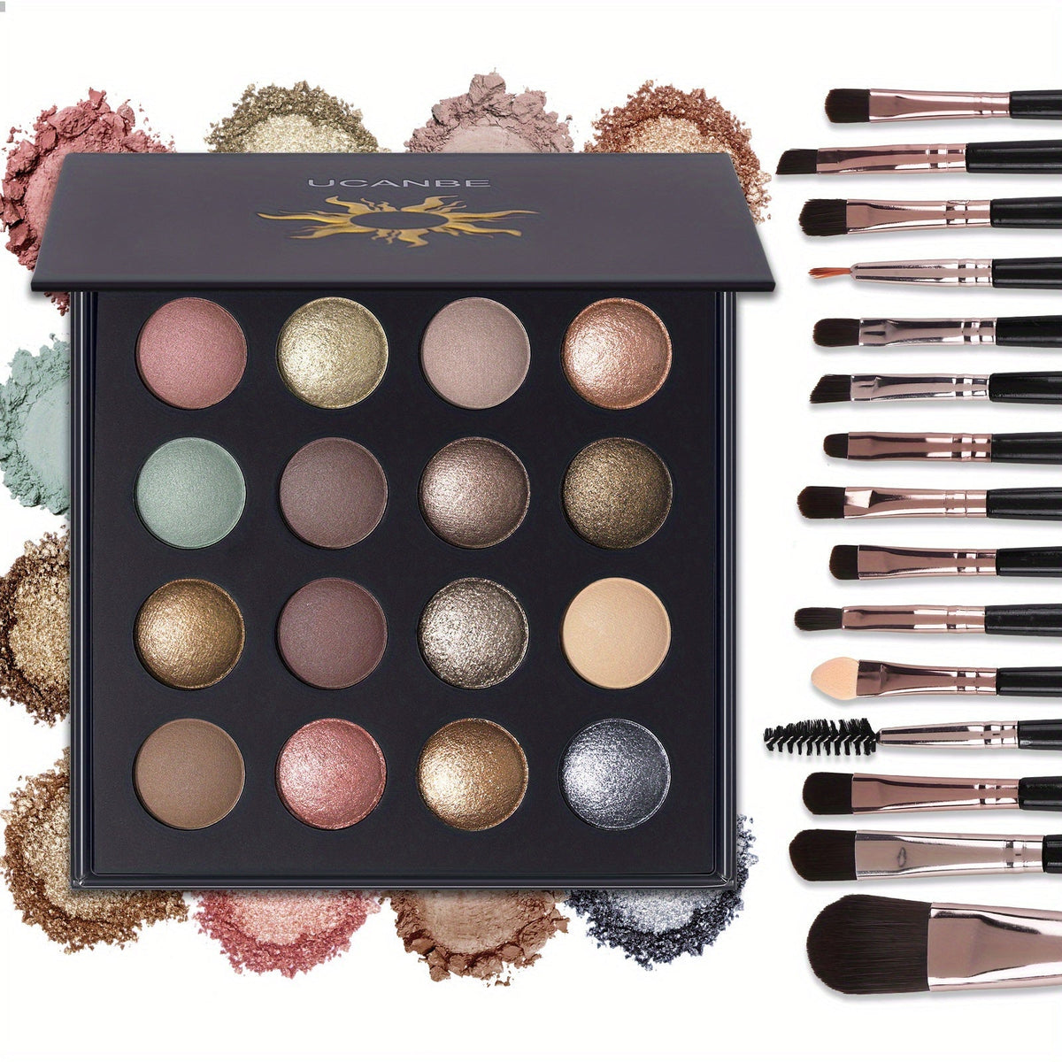 Eyeshadow Palette UCANBE 16-Shade Black Case with Matte-Shimmer-Metallic Mix and 15-Brush Set — image 10