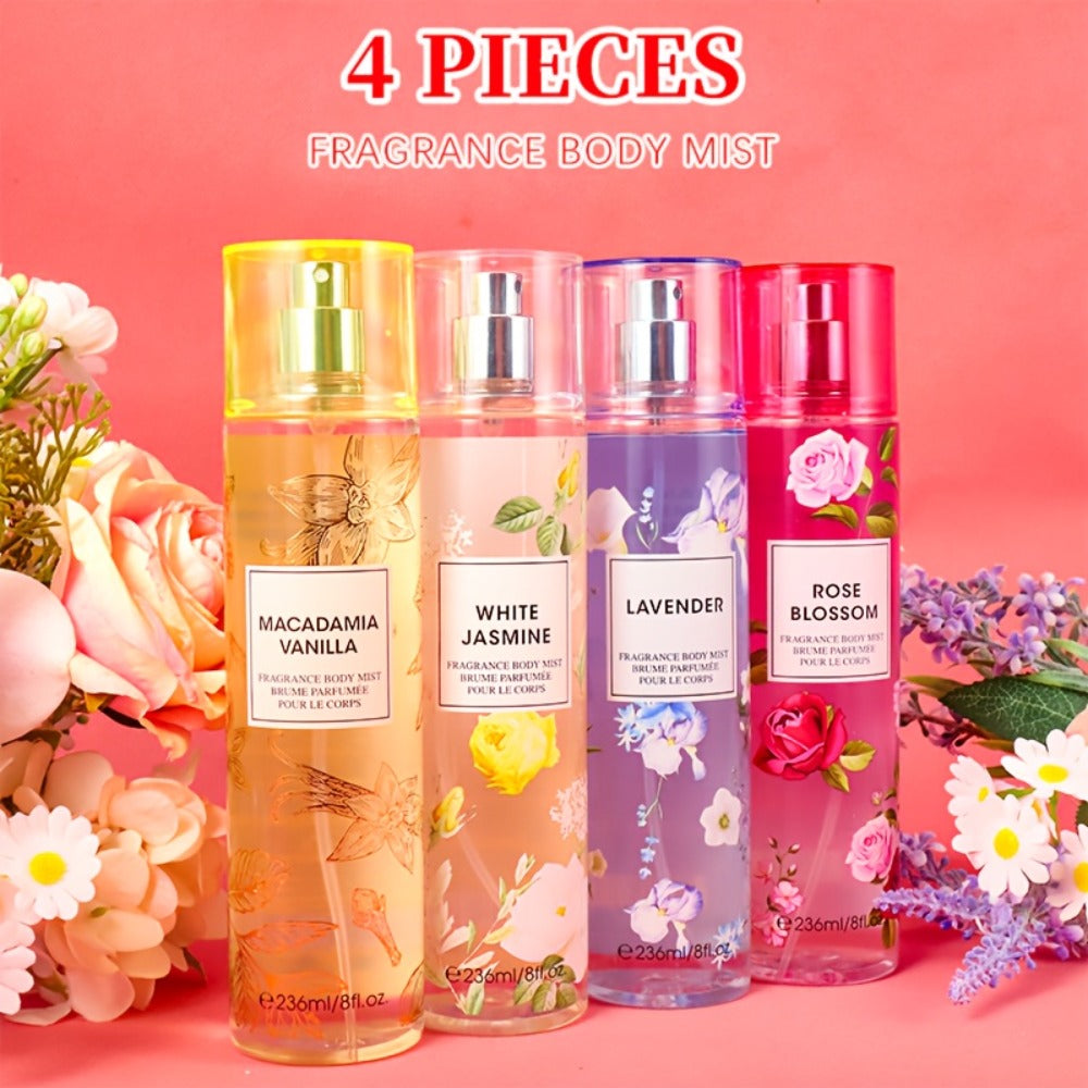 Body Spray for Women 4-Pack 8.4oz Each Hair Body Fragrance Mist Set 20 Floral Fruity Scents Daily Use Gift Value Bundle 250ml