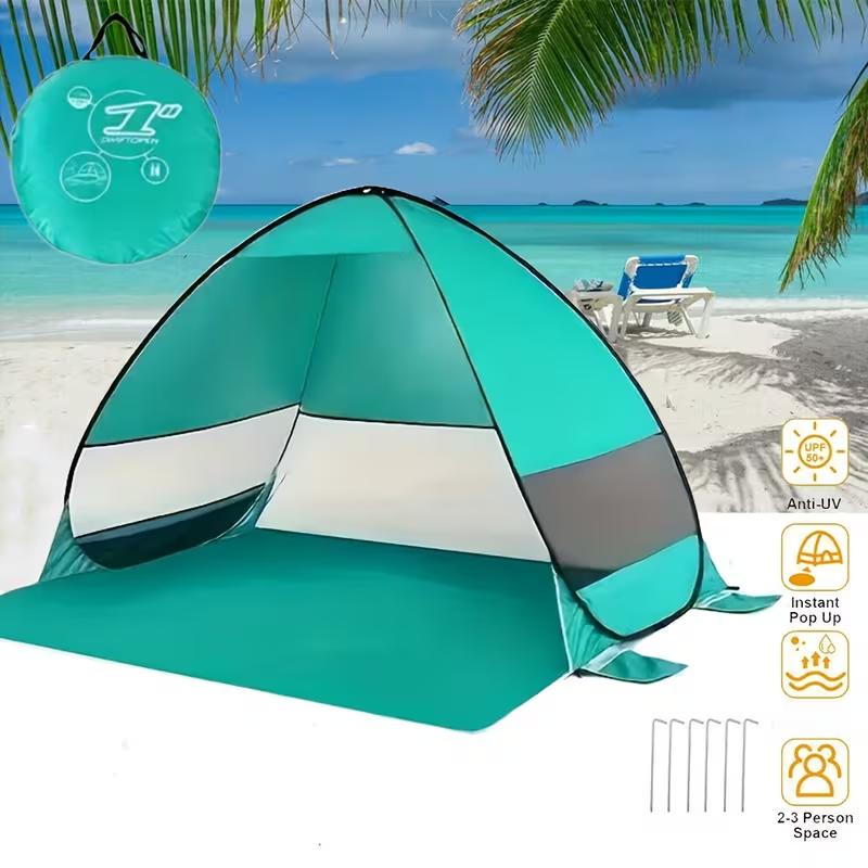 Pop-Up Beach Sun Shelter with 200 x 165 x 130 cm Interior, Six Stakes and Green or Blue Options — image 3