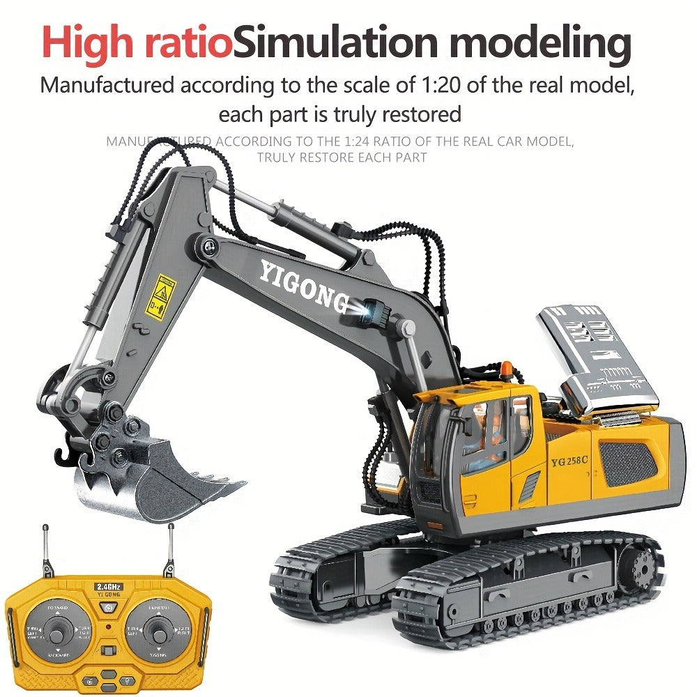 RC Excavator Toy 1:18 Scale 2.4GHz Remote Control with Metal Scoop 680-Degree Rotation Lights & Sound — image 5
