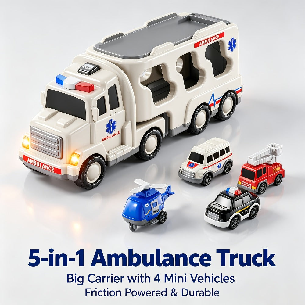 Ambulance Truck Toy Set for Boys, 5-in-1 Friction Power Carrier Truck with Lights & Sounds — image 1