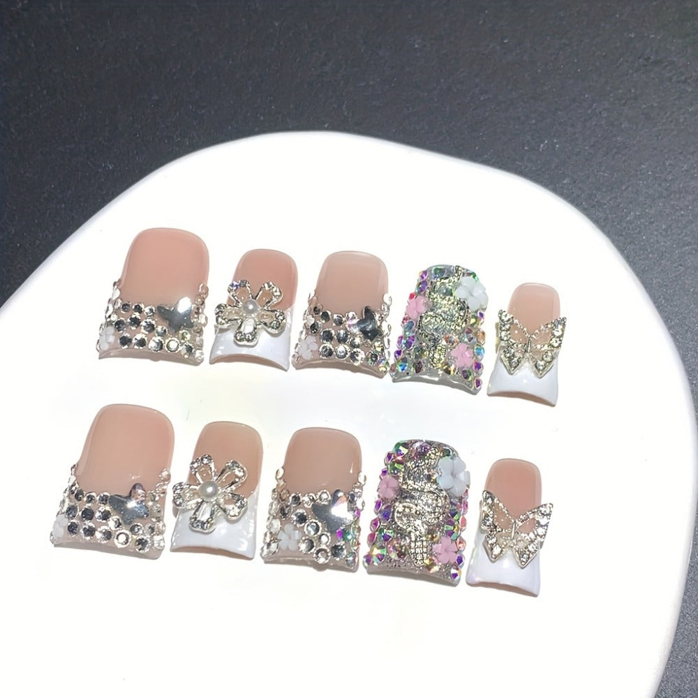 Press On Nails 10-Piece Duckbill Acrylic Set with White French, Floral and AB Shimmer Designs in S, M or L — image 2