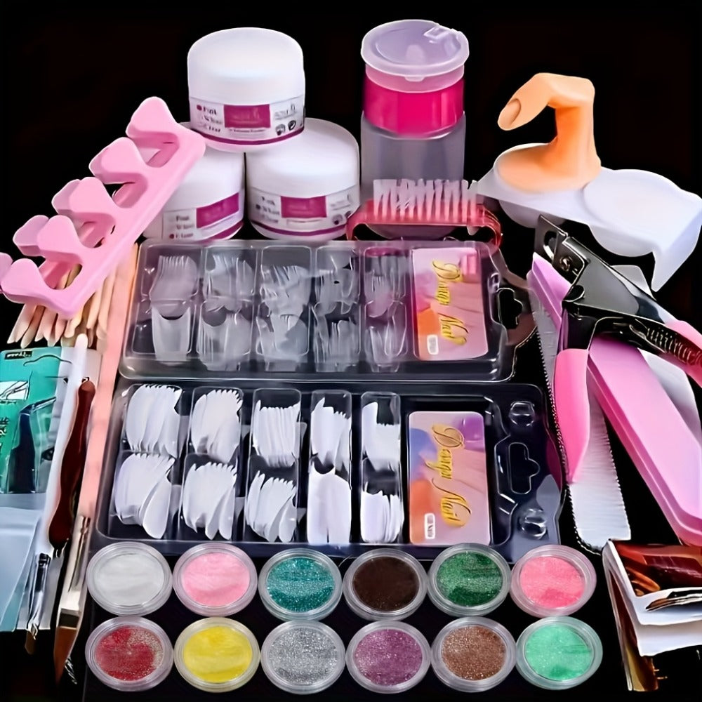 Acrylic Nail Kit 23-in-1 Complete Set with 12 Glitter Colors White & Pink Powder – DIY Nail Extension System No Glue No Liqui