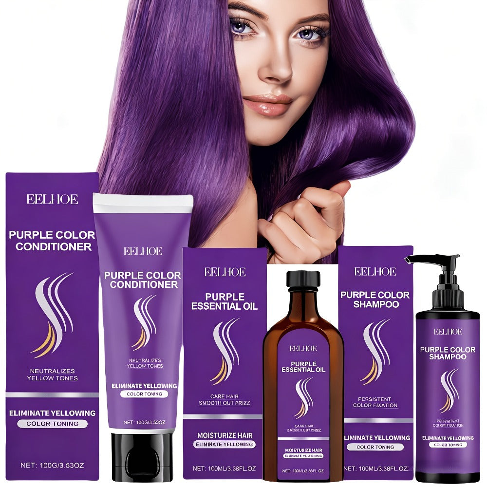 Three-Piece Purple Hair Care Set with Shampoo, Conditioner and Coordinated Argan Oil Bottle — image 1