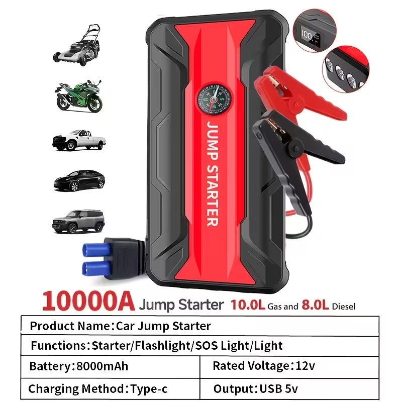 10000A Car Jump Starter with 12V Clamps, LED Light and Optional Integrated Air Pump in Red, Green or Gray — image 10