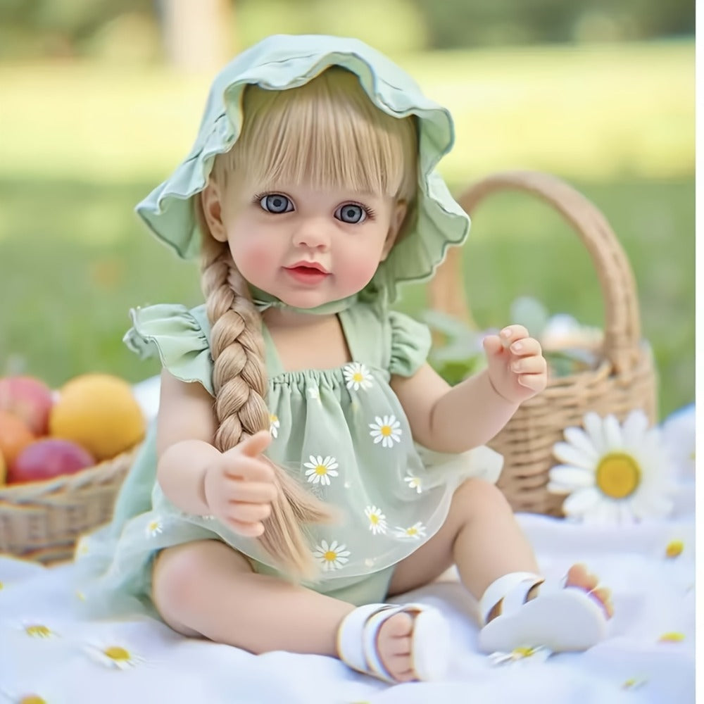 Reborn Baby Doll 22-Inch Full Vinyl Design with Long Blonde Hair, Open Eyes, Green Outfit and Accessories — image 8